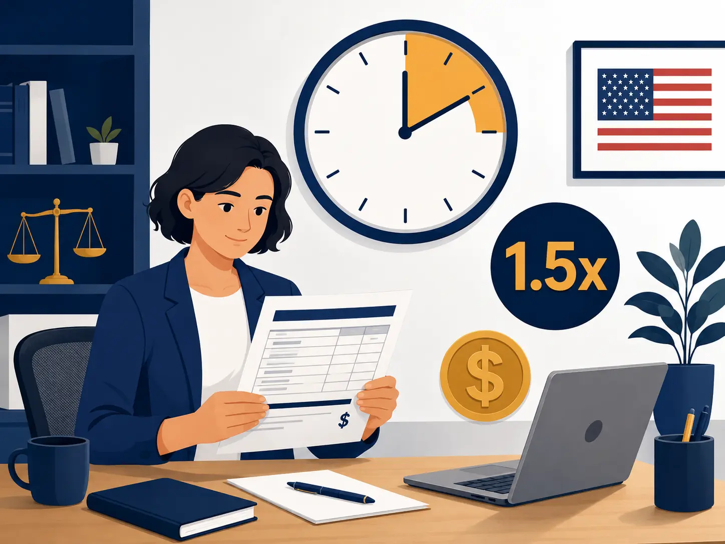 A worker in business casual clothing reviews a timesheet at a desk, with a wall clock and overtime pay visual cues in the background, illustrating FLSA overtime rules for US employees in 2026.