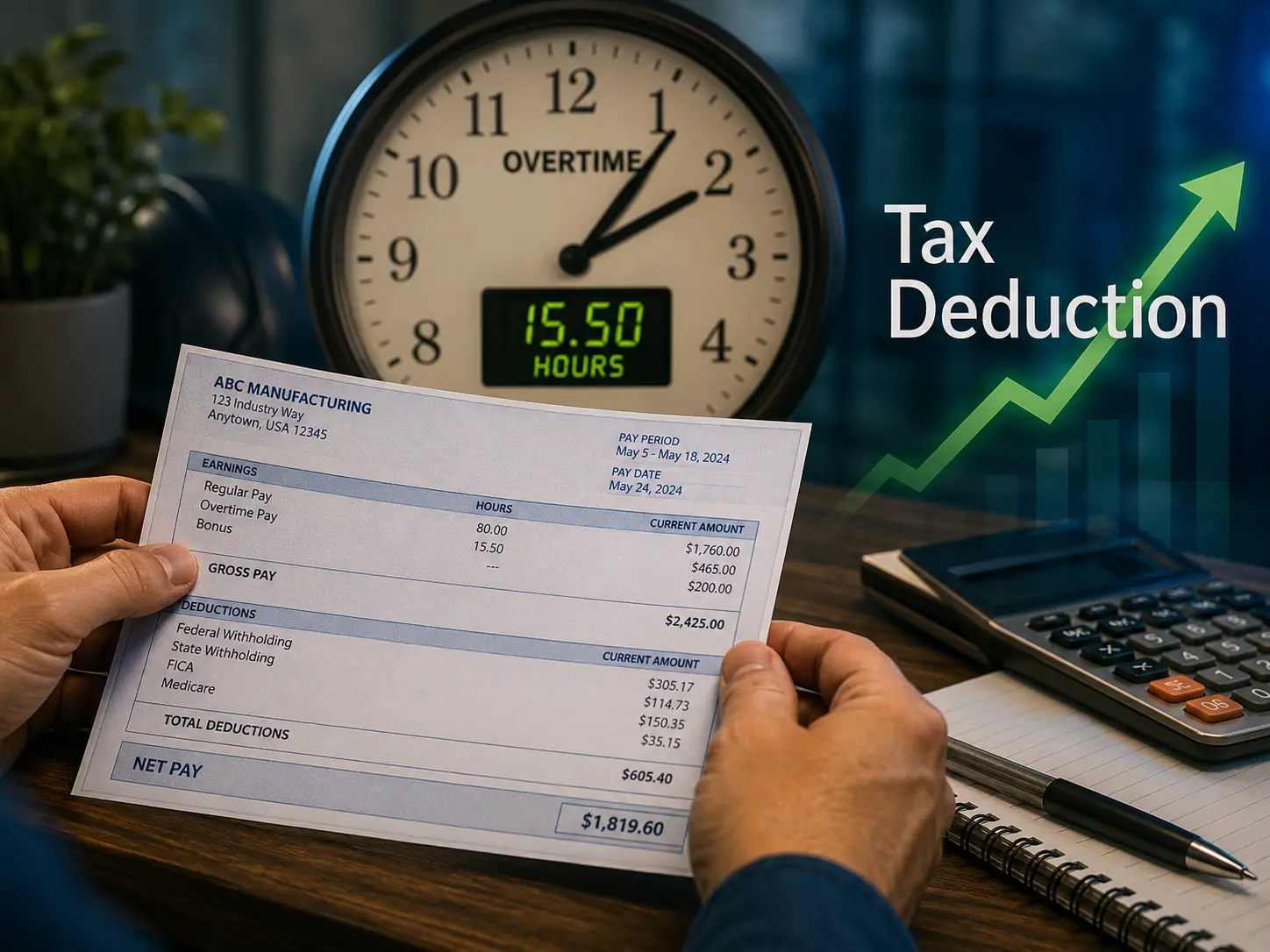 A worker reviewing an overtime paycheck illustrating the OBBBA no tax on overtime deduction for 2025 through 2028