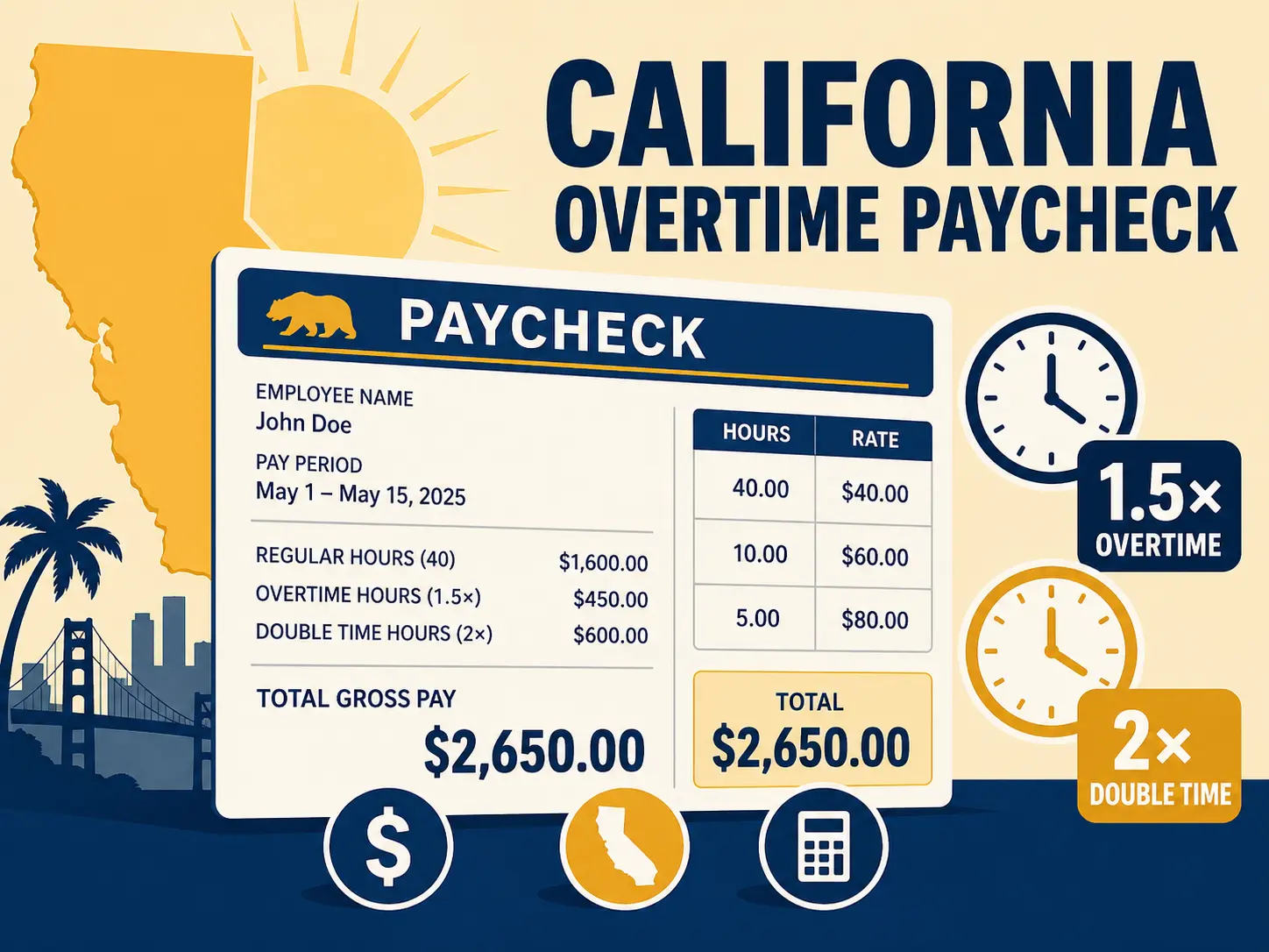 California overtime pay calculation showing daily and weekly thresholds for 2026