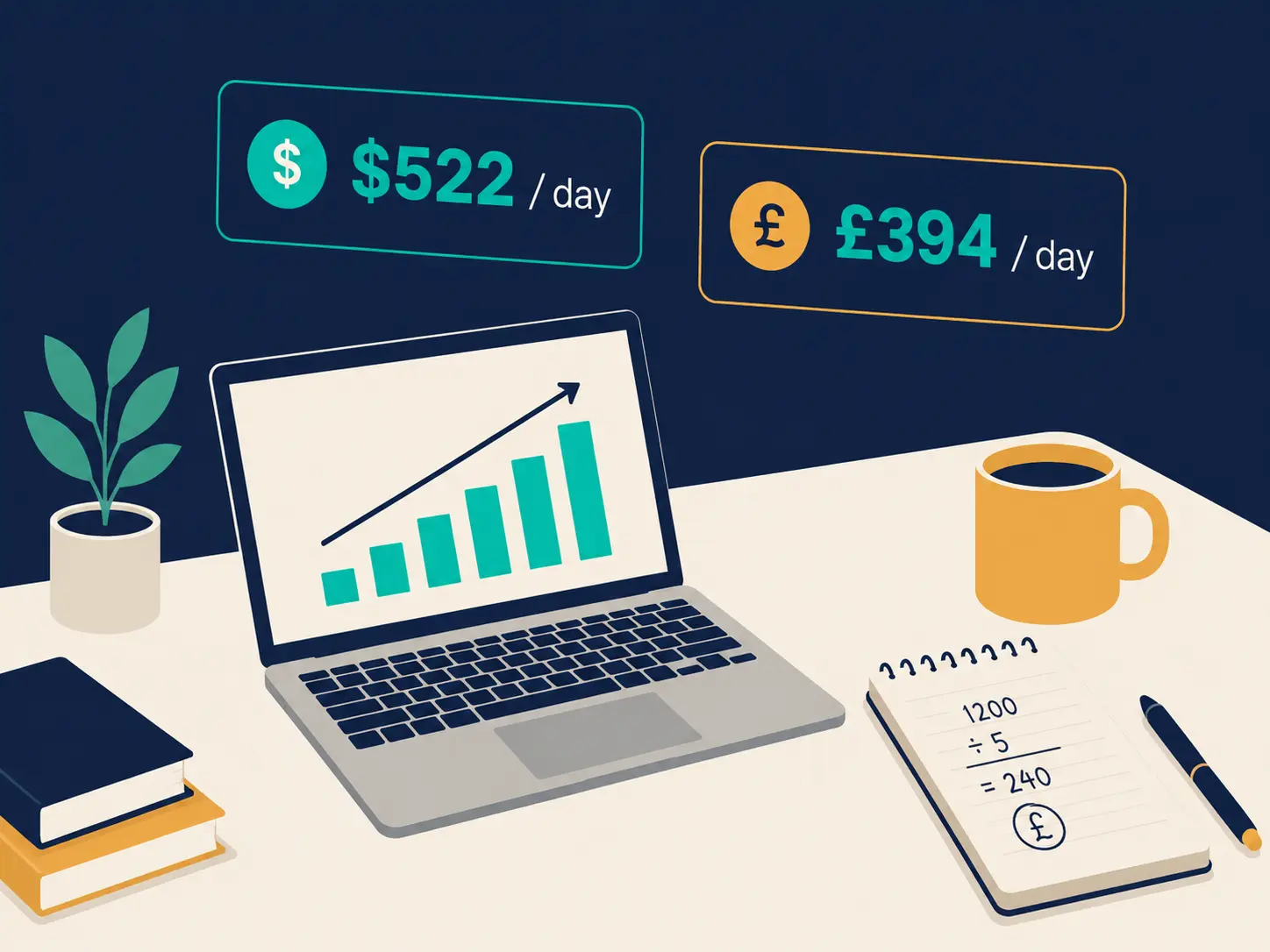 Flat illustration of a freelancer's desk with a laptop, notepad, and calculator, showing a US day rate of $522 and a UK day rate of £394 — representing how to set your freelance day rate in 2026.