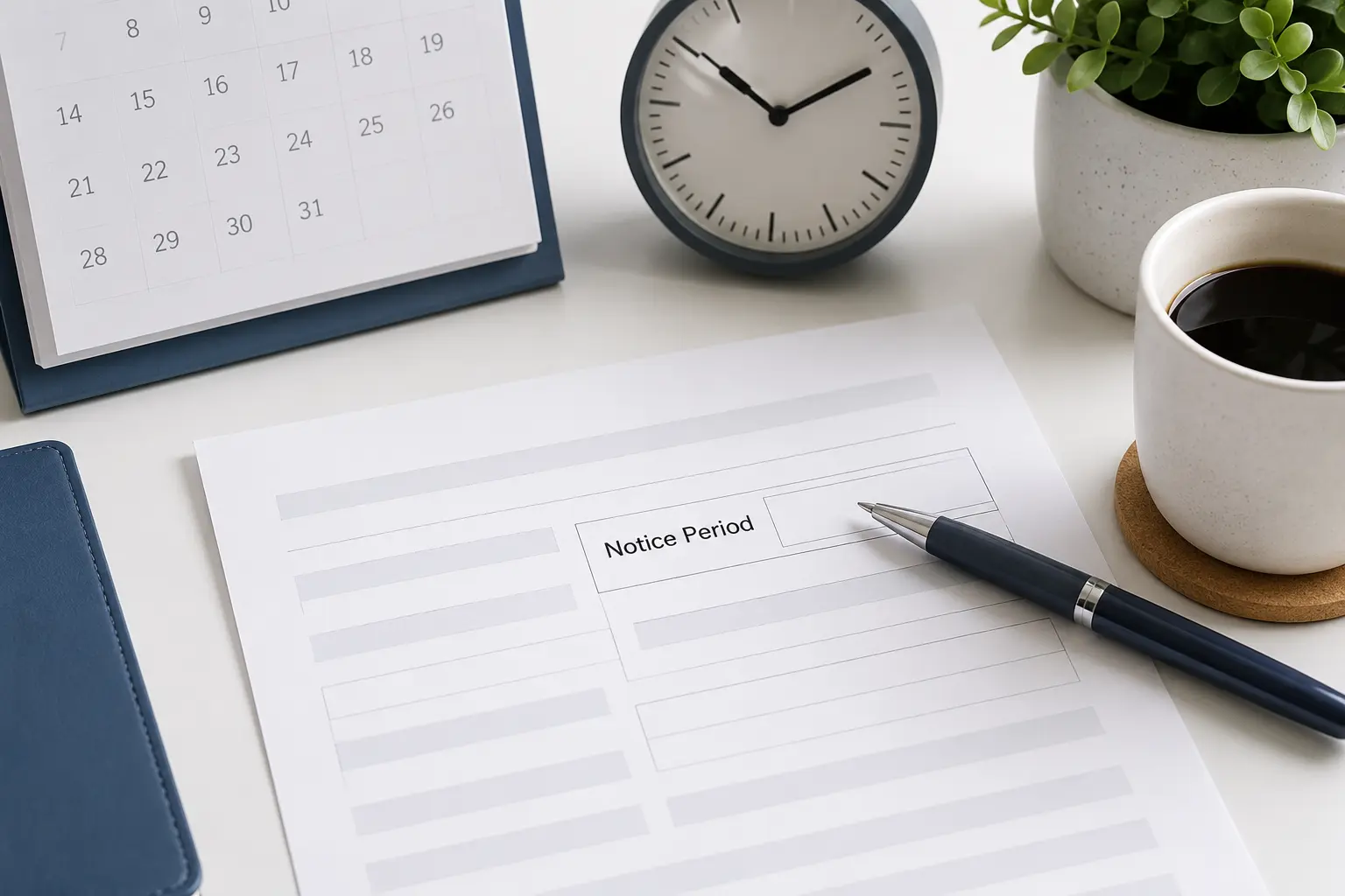Job application form with a notice period field being filled in by hand, with a calendar and clock on the desk beside it