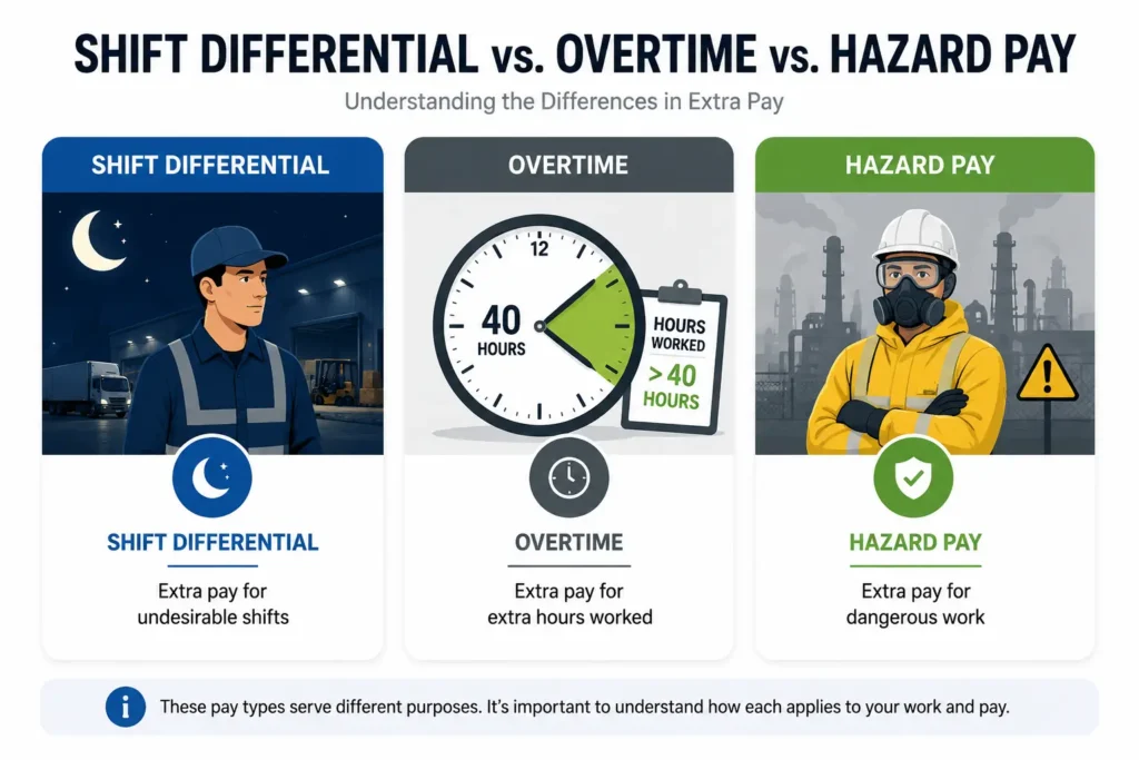 Warehouse employees working day, night, and weekend shifts illustrating shift differential pay.