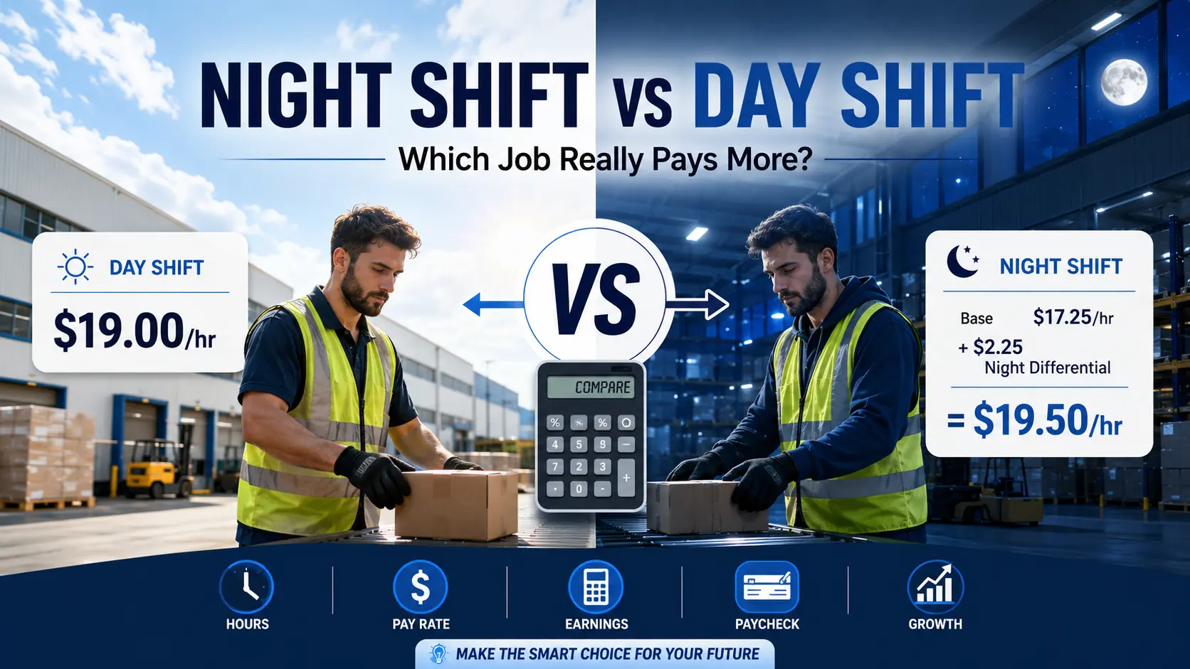 Professional side-by-side comparison of warehouse day shift and night shift jobs showing a day worker earning $19.00/hr versus a night worker earning a base of $17.25/hr plus a $2.25 night differential for a total of $19.50/hr, with a VS symbol, calculator, and payroll icons illustrating the pay comparison.