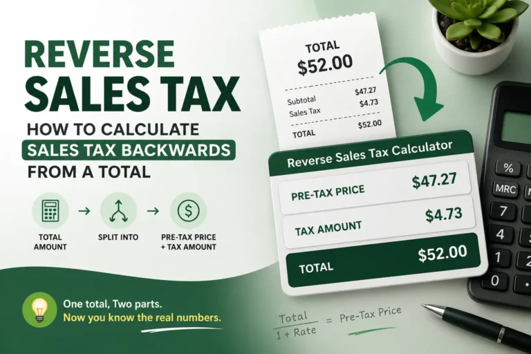 Reverse sales tax formula illustration showing how a tax-inclusive total is divided into the pre-tax price and sales tax amount using a receipt, calculator, and simple visual workflow.