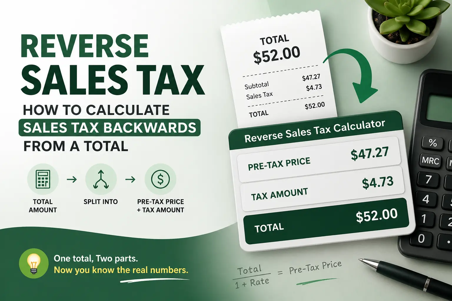 Reverse sales tax formula illustration showing how a tax-inclusive total is divided into the pre-tax price and sales tax amount using a receipt, calculator, and simple visual workflow.