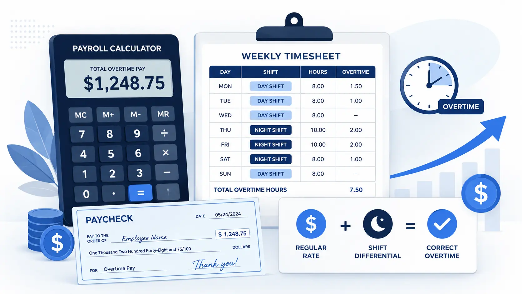 Illustration showing a payroll calculator, timesheet, and paycheck explaining how shift differential is included when calculating overtime pay.