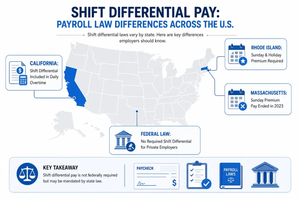 Illustration representing U.S. shift differential pay laws with payroll, legal, and workplace symbols.