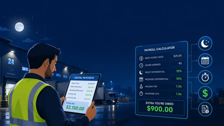 Employee reviewing shift differential pay on a payroll calculator during a night shift at a warehouse.