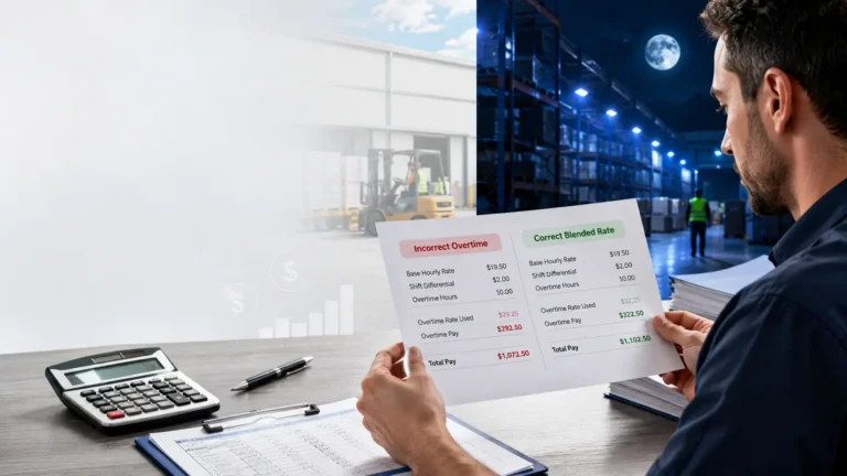 Warehouse employee reviewing a paycheck that compares incorrect overtime calculations with the correct blended rate, featuring a split day and night warehouse background to illustrate shift differential pay and payroll accuracy.